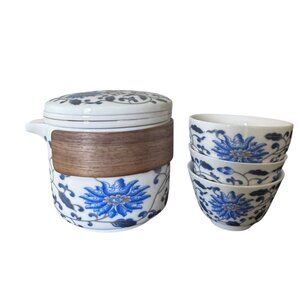 Lotus Flower Loose Leaf Teapot 3 Cups Strainer Lid Blue White Floral Meditation